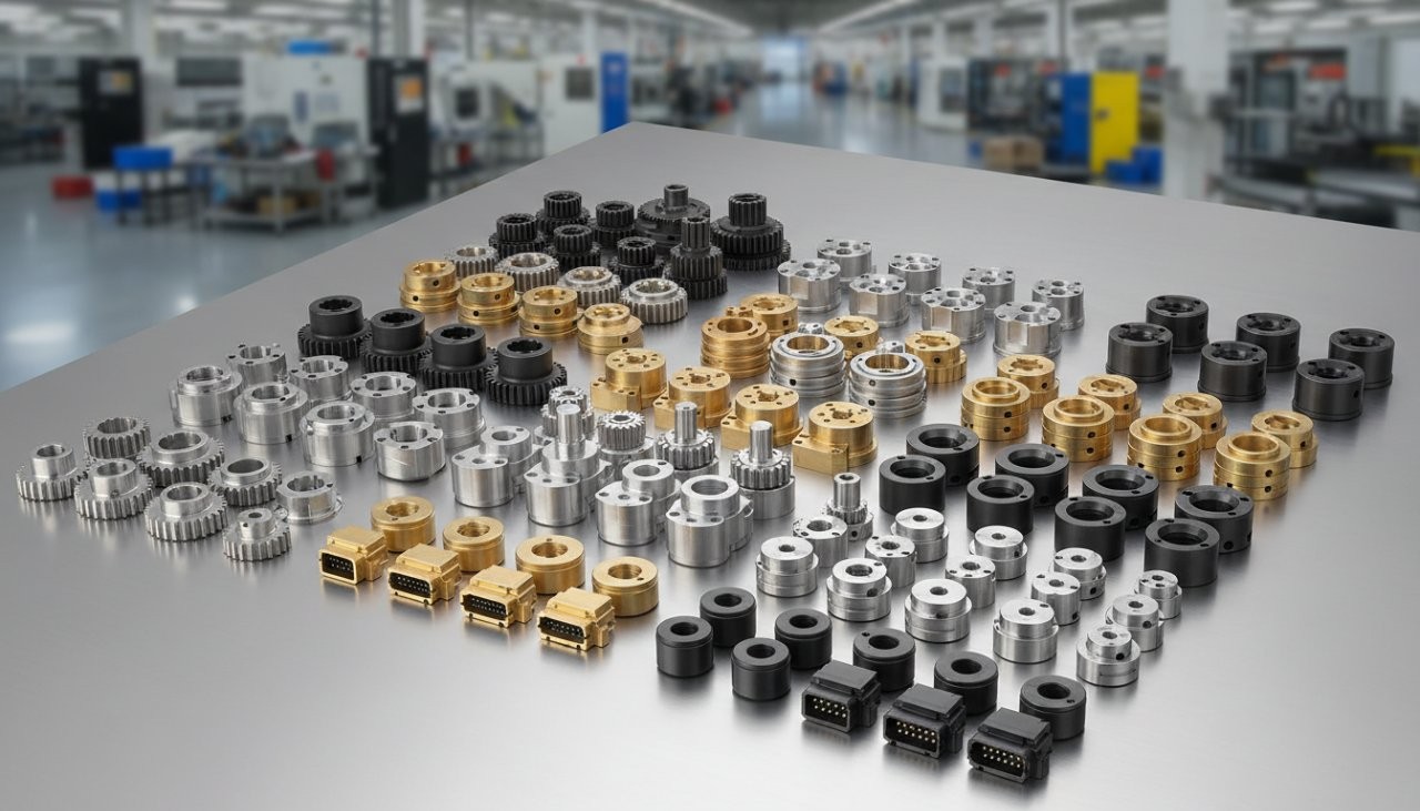 A diverse collection of highly detailed CNC machined components, including precision gears, shafts, housings, and connectors. Showcasing various m - 副本.jpg